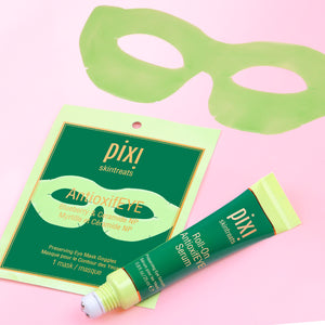 PIXI skincare products including AntioxifEYE Eye Mask Goggles and Roll-on AntioxifEYE serum on a pink background