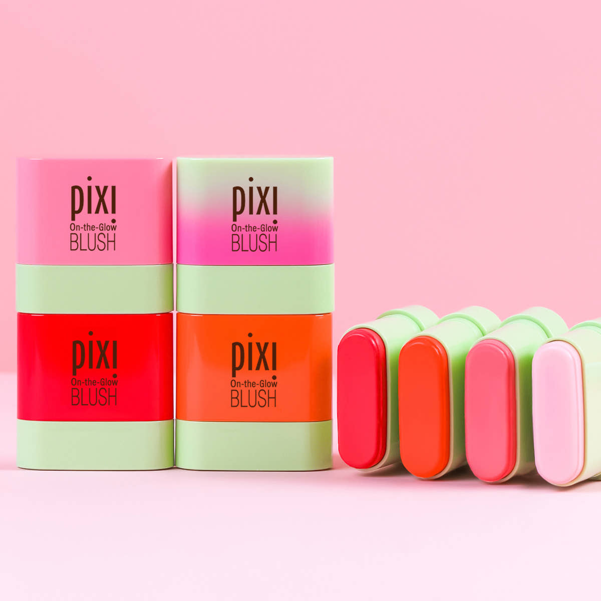 Pixi blush products on a pink background