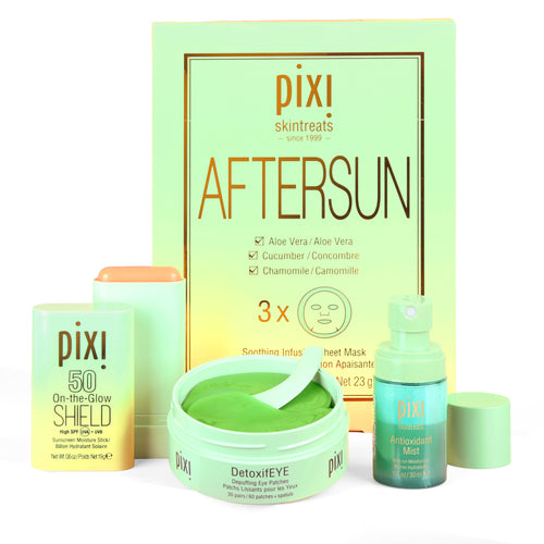 Pixi skincare suncare products including 'Aftersun' on a white background view 1