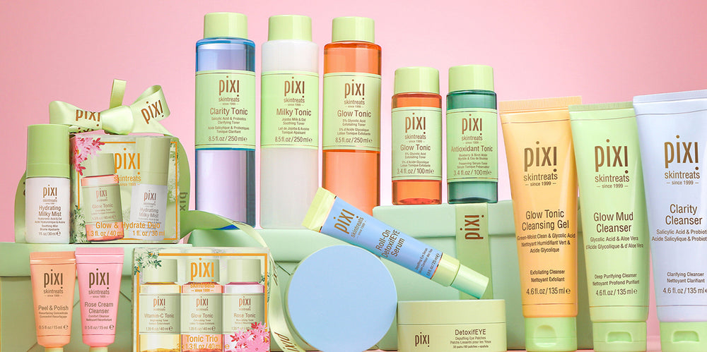 Holiday imagery showing variety of Pixi Tonics, Cleansers, Mists, and DetoxifEYE patches and serum