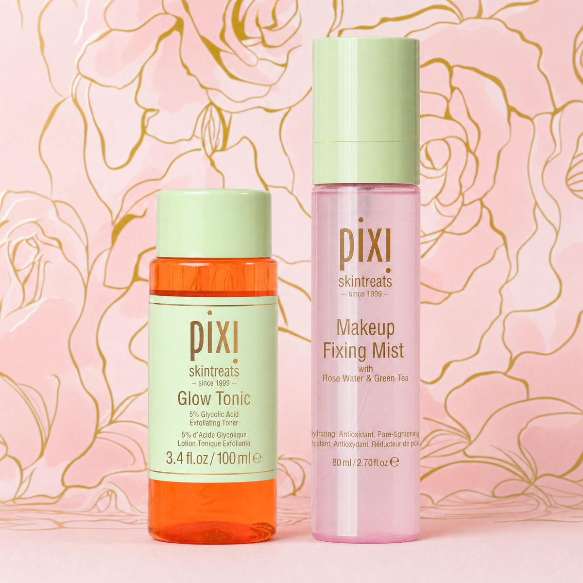 Glow Edit bundle featuring Glow Tonic Travel Size and Makeup Fixing Mist on a pink flower design background