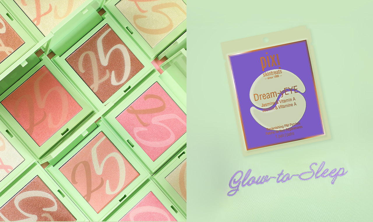 All shades of Glowin' TwentyFive alongside Dream-yEYE Pair and "Glow-to-Sleep" embroidered green pillowcase