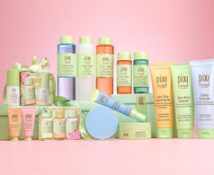 Holiday imagery showing variety of Pixi Tonics, Cleansers, Mists, and DetoxifEYE patches and serum