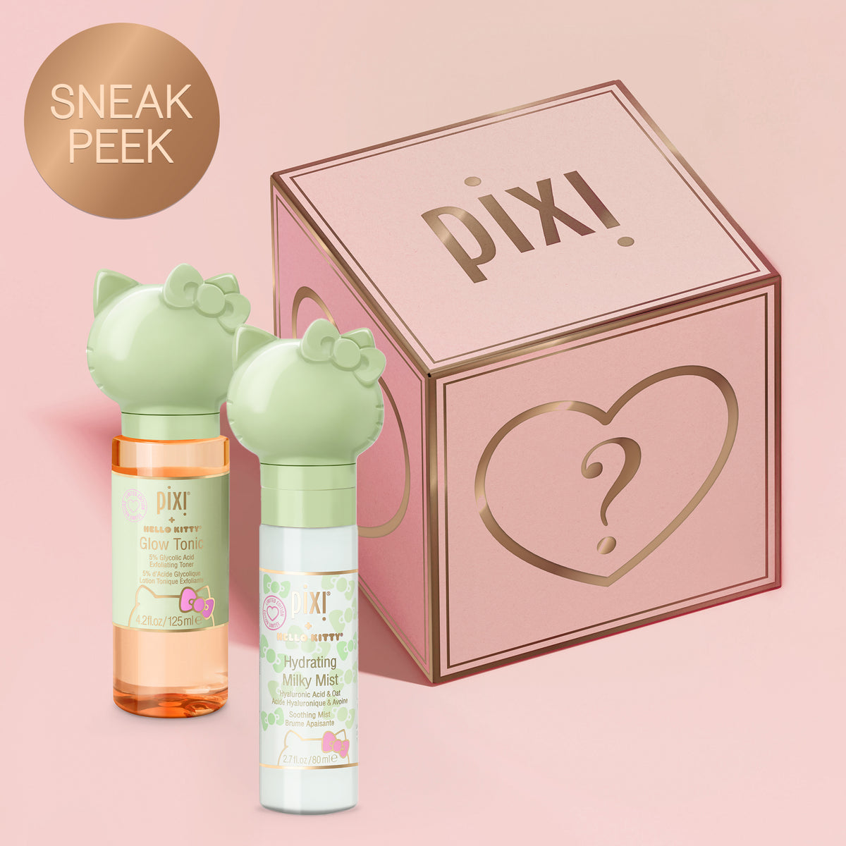 A pink Mystery Bundle box shown on a pink background with a Sneak Peek sticker along with Pixi + Hello Kitty Glow Tonic & Hydrating Milky Mist
