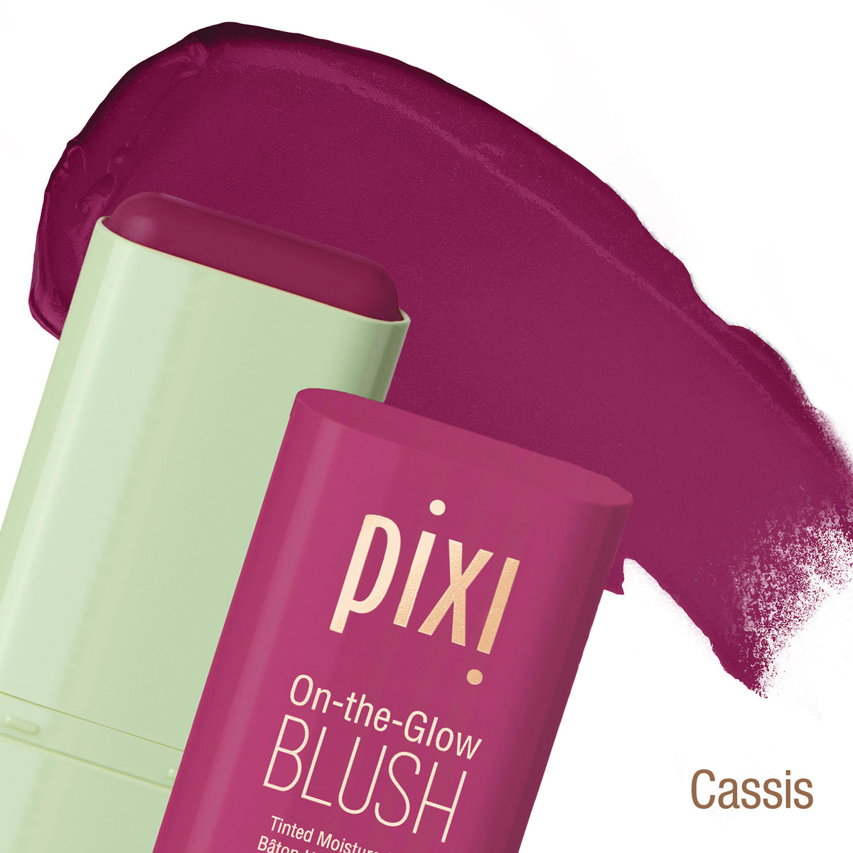 Pixi On-the-Glow Blush in Cassis color with product and swatch on a white background