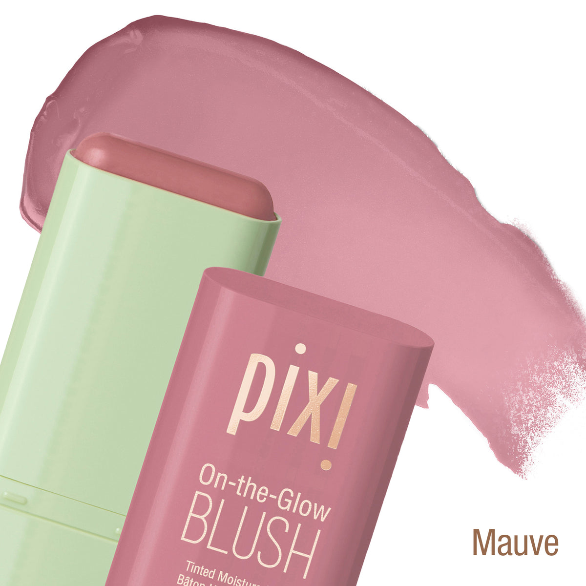Pixi On-the-Glow Blush in Mauve with product packaging and swatch on a white background