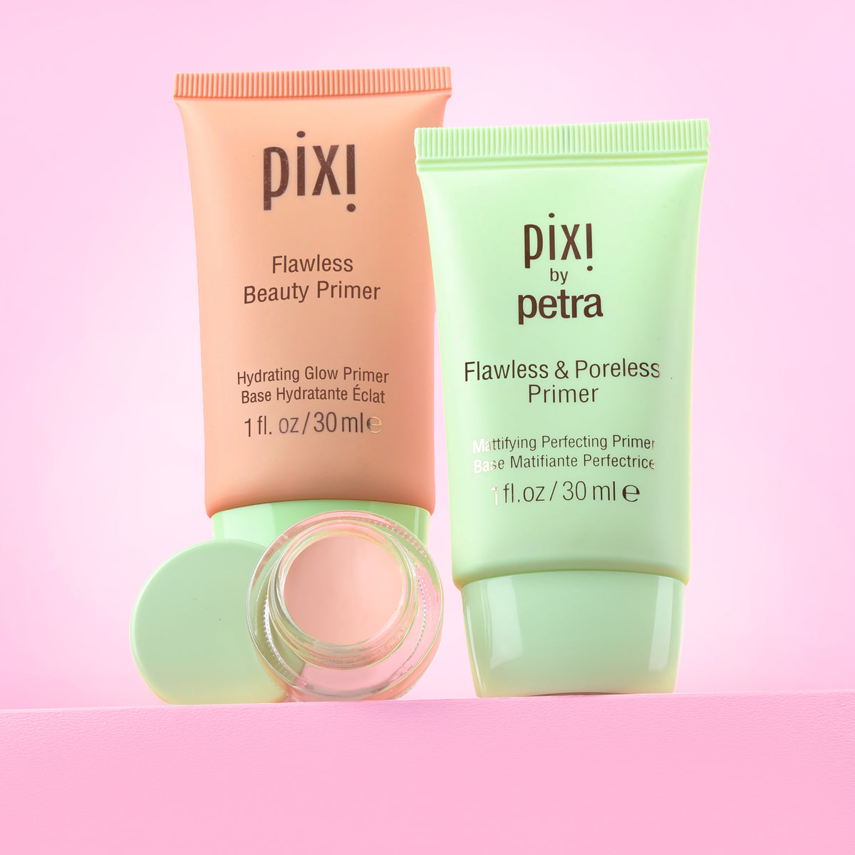 Pro Prep Trio Bundle shown on a pink background featuring Flawless Beauty Primer, Flawless & Poreless Primer and Correction Concentrate -