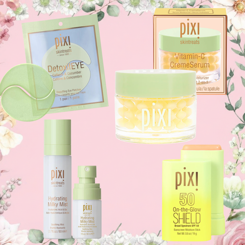 Petra's Travel Glow Edit on a pink background featuring Detoxifeye 5-Pairs, Vitamin-C CremeSerum, Hydraing Milky Mist and On-the-Glow SHIELD SPF 50 view 2