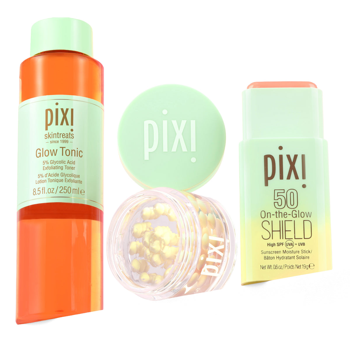 Bundle image shown on a white background featuring Glow Tonic, Vitamin-C CremeSerum and On-the-Glow SHIELD SPF 50 -