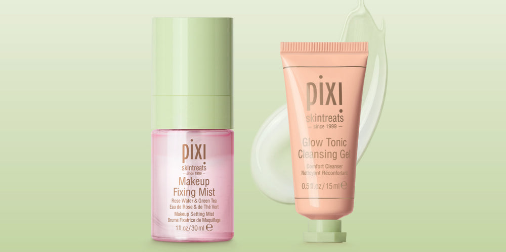 Mini Makeup Mist and Mini Glow Tonic Cleansing Gel on a green background