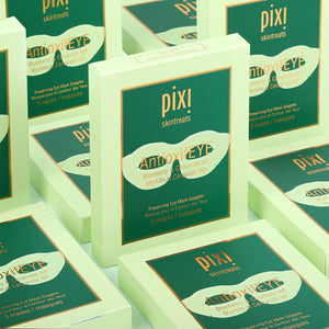 Multiple boxes of Pixi AntioxifEye skincare product on a light green background